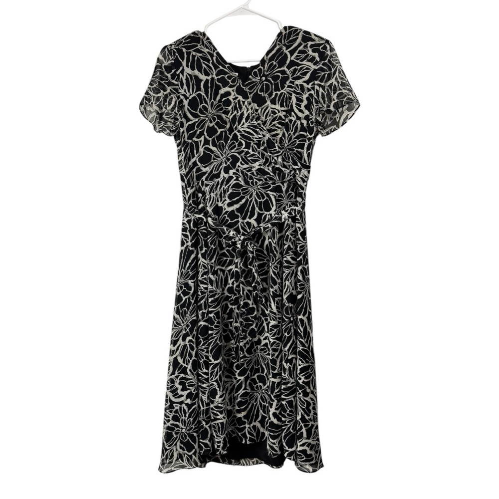 Vintage Talbots Size 8P Black Floral 100% Silk Whimsigoth Faux Wrap Dress